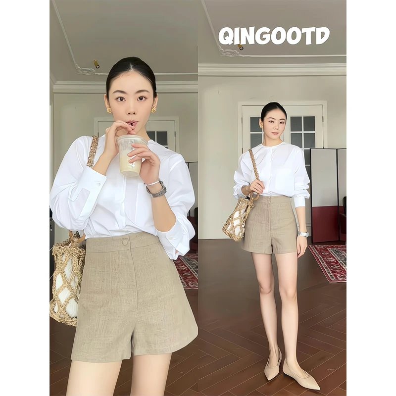 千金清冷感贵系衣服极简休闲白色衬衫百搭简约高腰显腿长直筒短裤