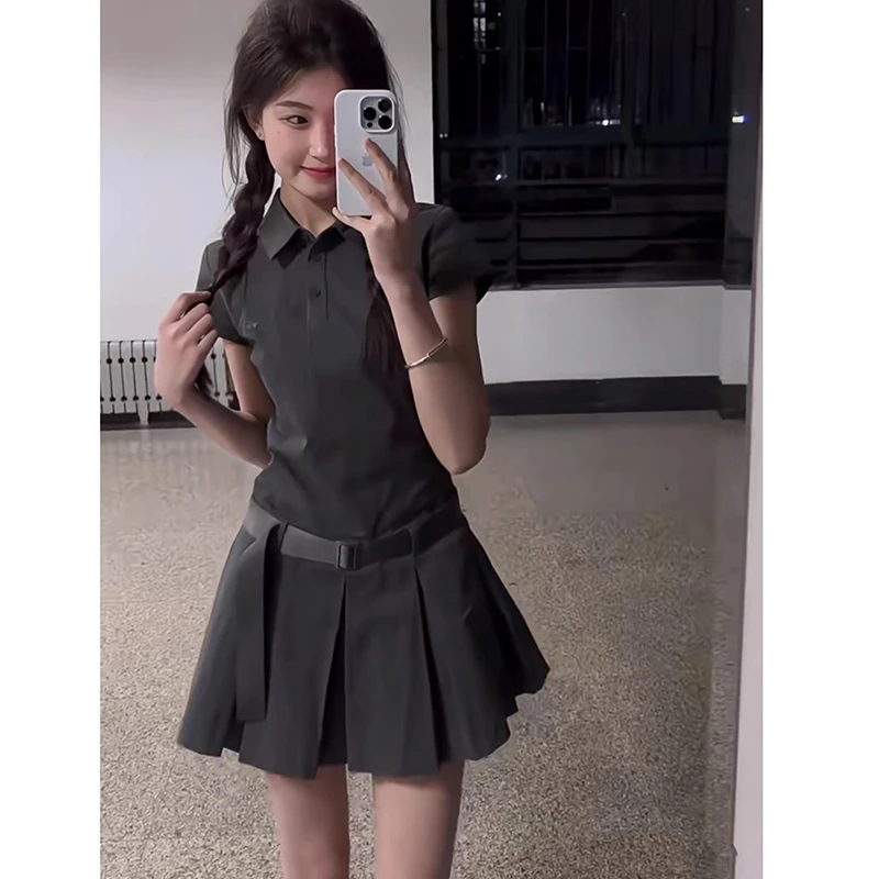 学院风系列纯色POLO领百褶连衣裙女装夏季新款收腰显瘦A字短裙子