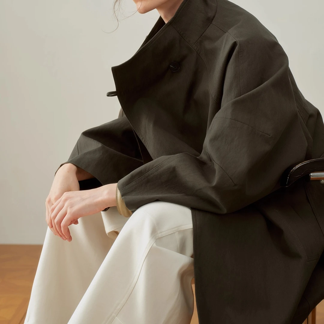 立领宽松一粒扣廓形纯色短风衣外套女秋冬