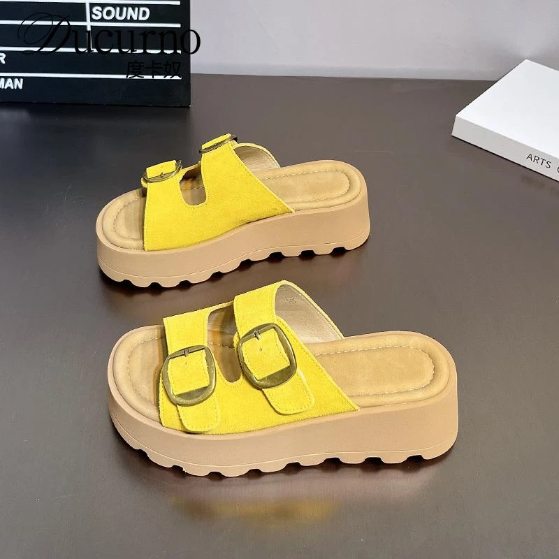 百搭双排扣厚底勃肯拖鞋女2025年新款夏季外穿增高防滑一字凉鞋子