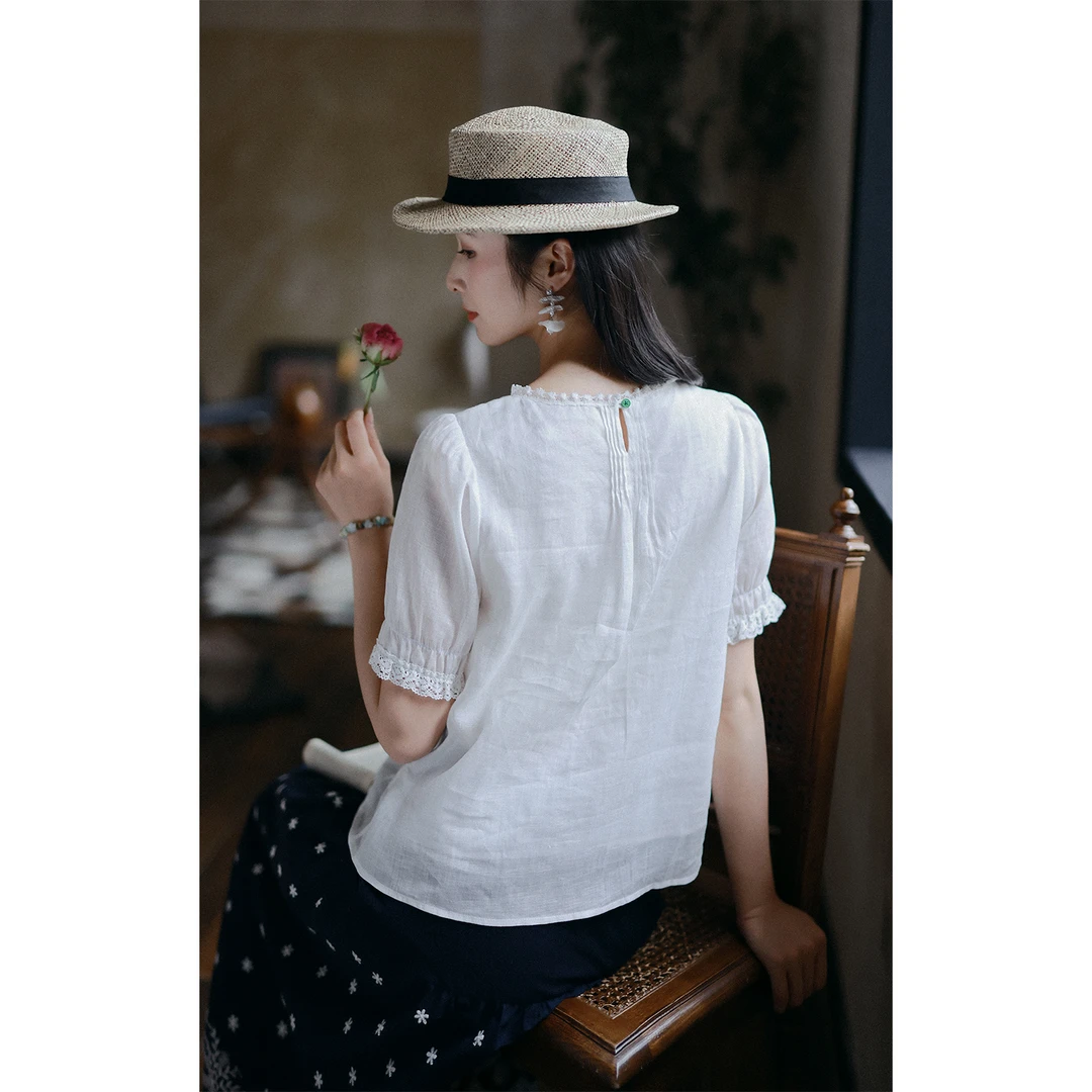 红念白色苎麻刺绣衬衫女短袖设计感夏季2025新款女装宽松气质上衣