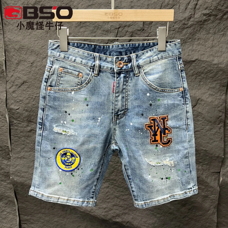 小魔怪薄款破洞牛仔短裤男五分裤潮牌弹力泼墨刺绣中裤子男款夏季