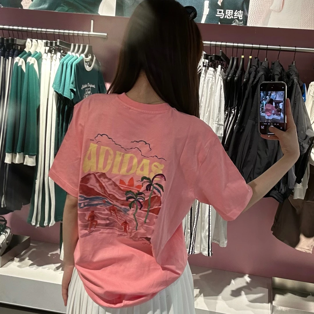 Adidas三叶草欧若风时尚百搭宽松印花运动短袖T恤KC4956 KC4957