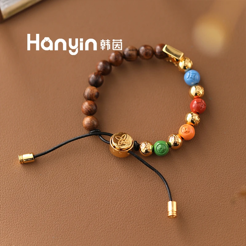 铜合金仿水晶手链 8mm气质光面彩色四叶草立体字母V圆珠手链AAA