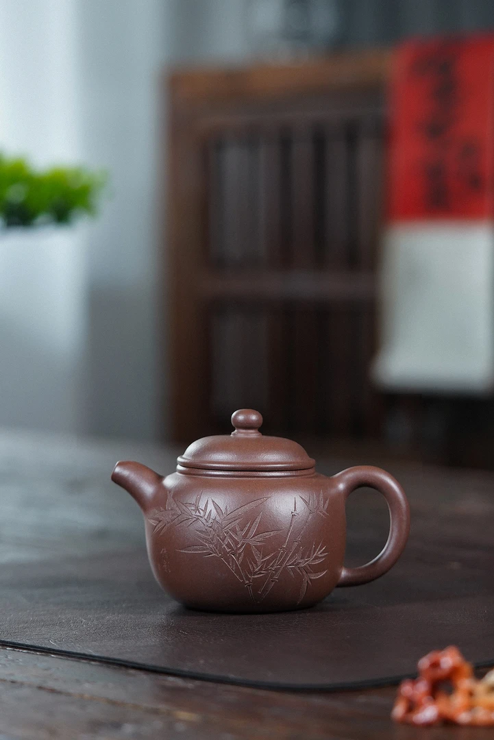 【禅砂居】匏尊壶_300cc_老紫泥_全手工手制_宜兴原矿手工刻绘茶具