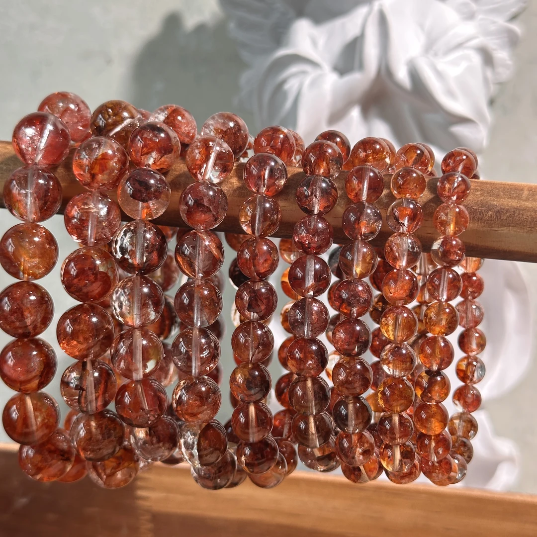 J125 天然老矿料浓郁色系红胶花手串 多样性发其一