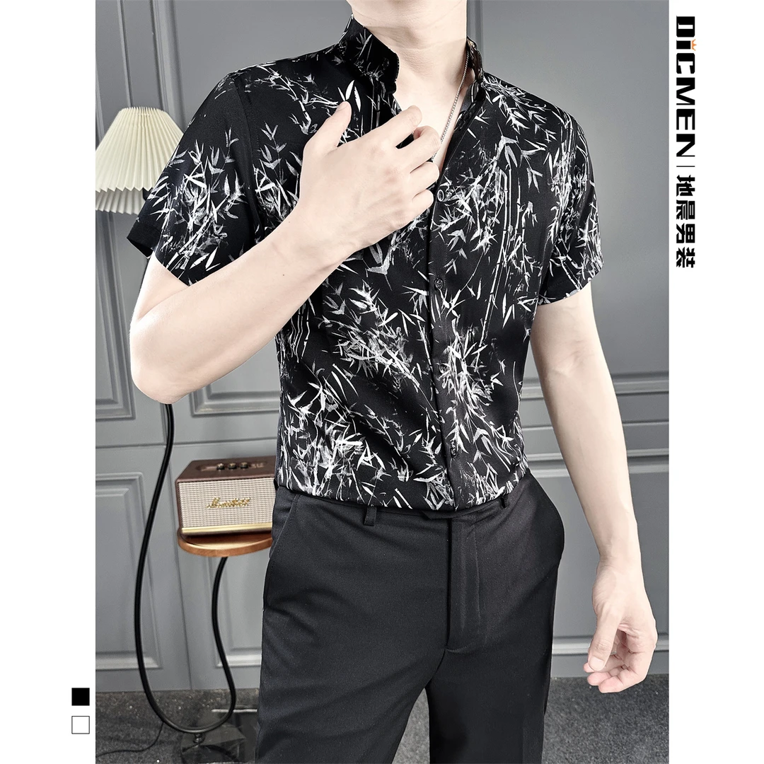 国风竹叶衬衫男短袖男款爆款2025新款中式水墨画雅痞风高级感衬衣