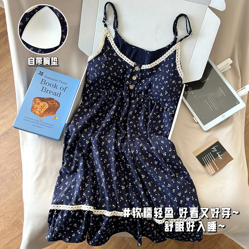 夏季甜美睡裙女款带胸垫吊带云朵棉睡衣纯欲风性感女士背心家居服