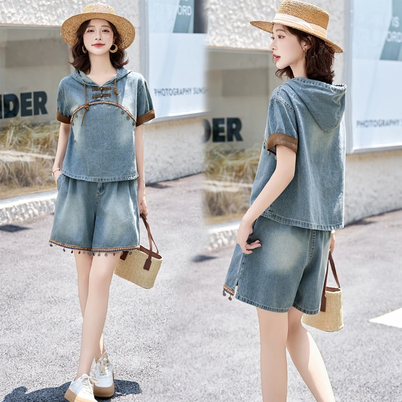 新中式国风盘扣牛仔套装女2025夏季新款设计感亮片拼接短裤两件套