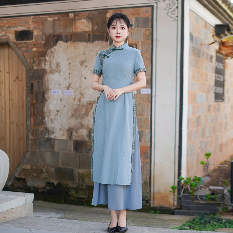 如意风夏季新款修身显瘦气质连衣裙复古时尚新中式奥黛旗袍25R559