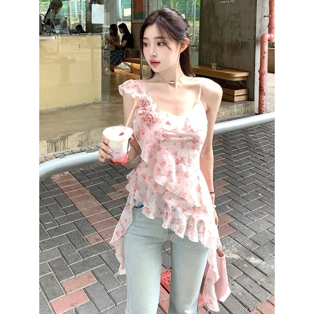 夏季新款碎花雪纺衫女法式荷叶边辣妹吊带上衣不规则下摆修身显瘦