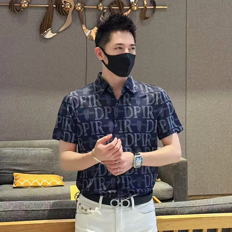 夏季男士轻商务休闲翻领衬衫潮流时尚印花无痕弹力冰丝衬衣
