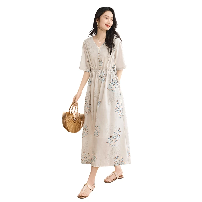 【品牌奥莱】她池2025春装新款女V领抽绳系带印花连衣裙T51B0043L