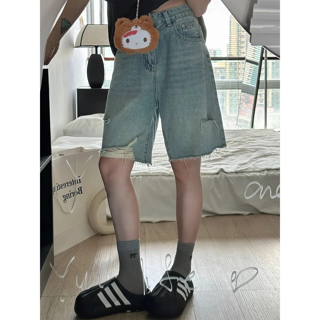 五分裤2025新款女夏大码胖mm显瘦破洞牛仔短裤裤高腰直筒韩版中裤
