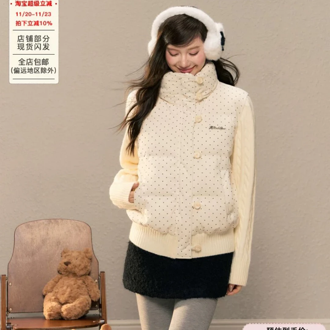 H2AN1 STUDIO波点针织拼接长袖羽绒服50白鸭绒面包服短款外套女