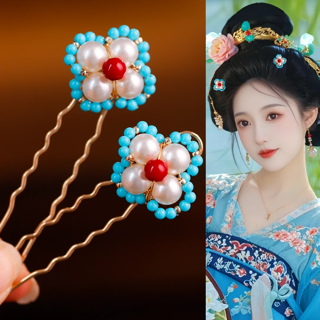 古风汉服发饰百搭气质手工珍珠u钗点缀中国风小钗簪唐风头饰配饰