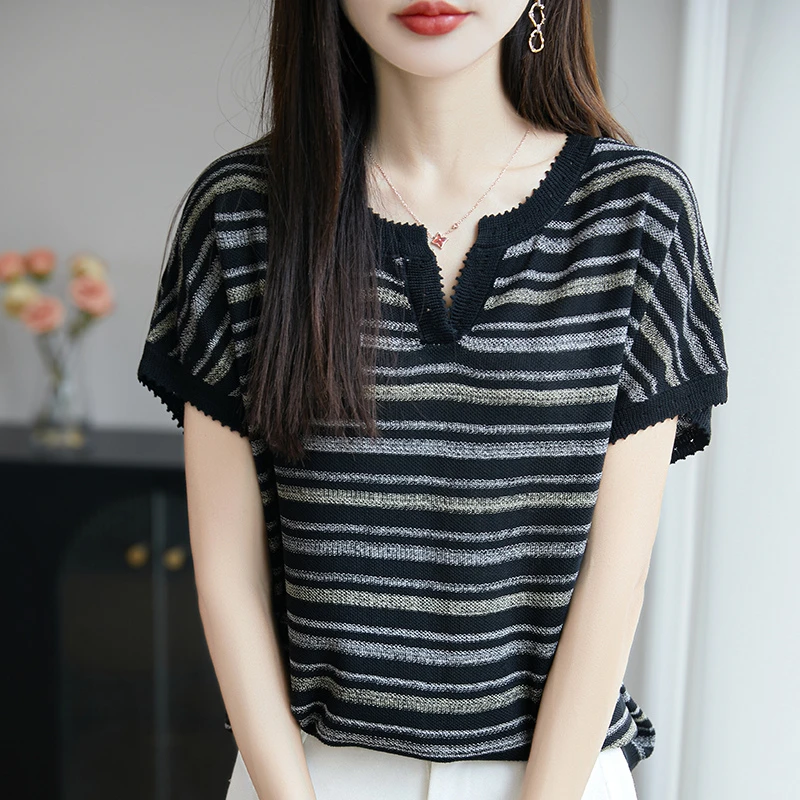 哥弟阿玛施正品莱赛尔条纹剪刀领针织短袖t恤女洋气宽松显瘦百搭