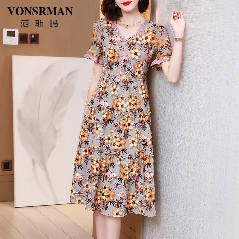 V领碎花连衣裙女夏天收腰显瘦气质轻熟风法式复古a字裙高级感洋气