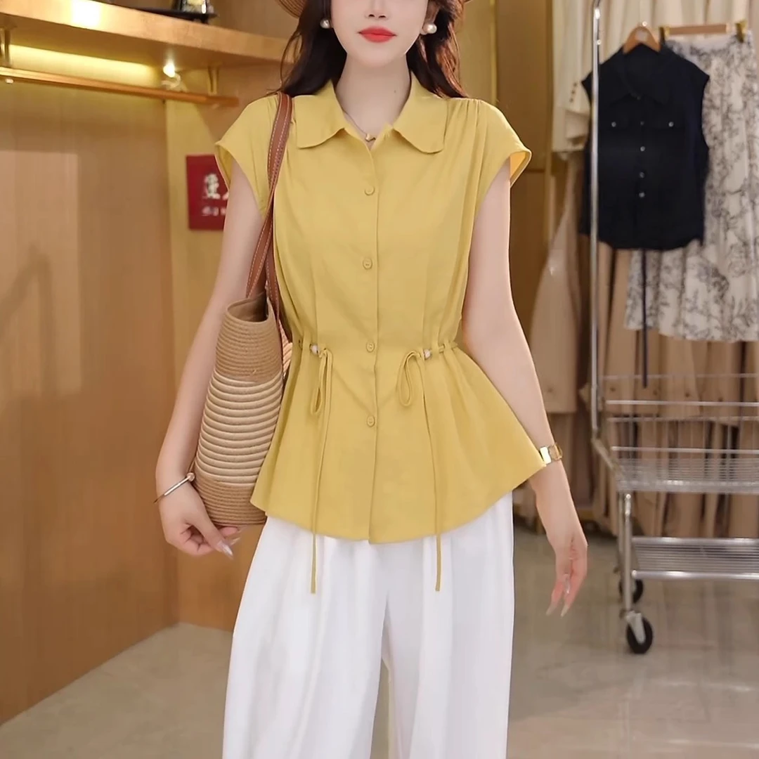 夏季新款2025纯色简约风日常减龄高级感衬衫翻领收腰显瘦遮肉上衣