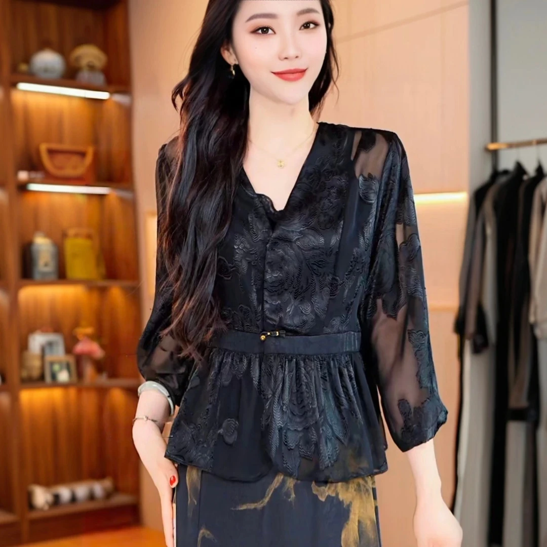 高级感烧花舒适西装外套2025夏新款国风重工提花防晒衬衫女上衣