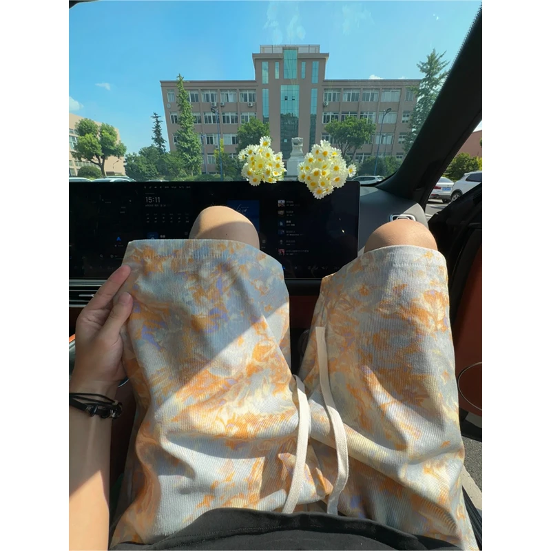 黄色扎染短裤男夏季小众设计感潮牌痞帅运动休闲五分裤直筒半裤子