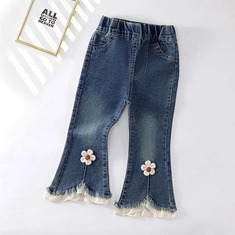 【热推爆款】2025春秋新款女童牛仔裤公主风弹力修身喇叭裤女宝宝外