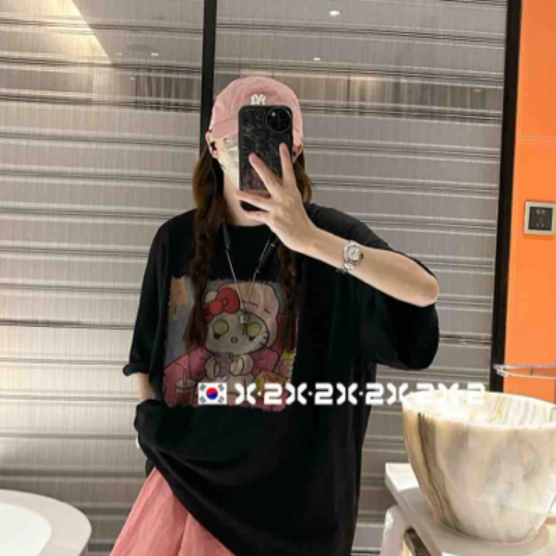 2355黑白帽子方块卡通薄款宽松体恤