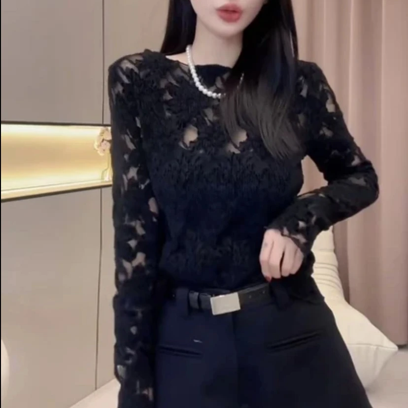 修身常规仙女风蕾丝上衣半高领百搭蕾丝衫长袖网红气质时尚