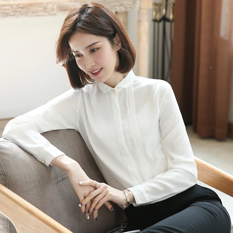 舒范雪纺衫白色长袖修身衬衫气质韩版时尚职业正装工作服女士衬衣
