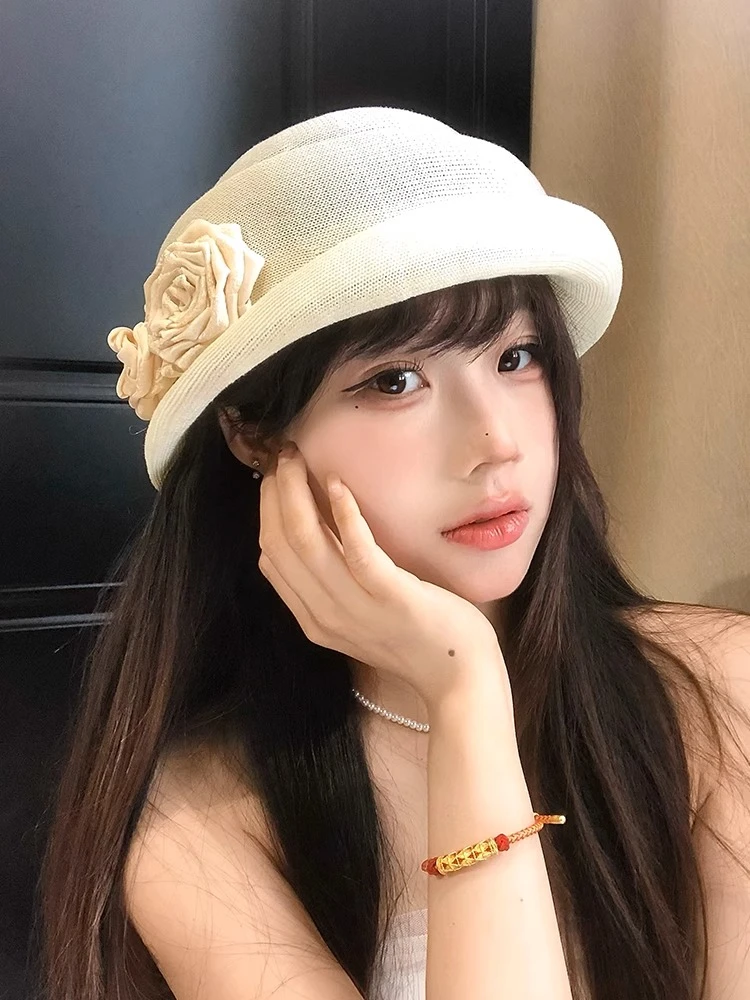 法式赫本风山茶花卷边千金风礼帽女轻薄透气百搭显脸小贝雷帽子