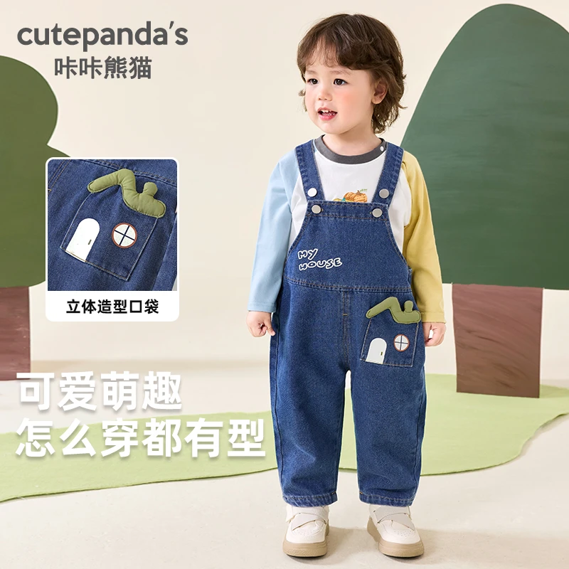 咔咔熊猫婴儿牛仔背带裤长裤秋装童装儿童男童女童宝宝品质Y9696