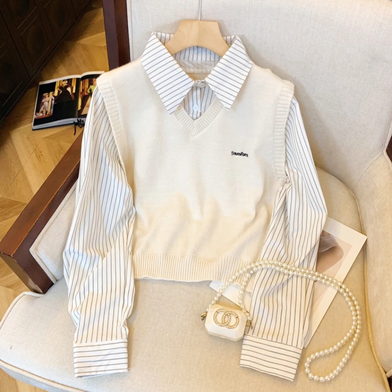 假两件条纹拼接衬衫女2025年春秋季新款休闲百搭学院风叠穿上衣潮