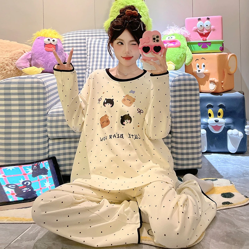 带胸垫睡衣女春秋季薄款长袖仿棉套装可爱外穿宽松爆款家居服小熊