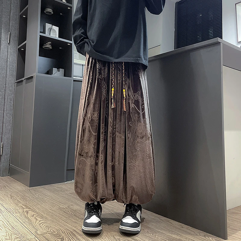 新中式金丝绒男裤子小众设计感中国风龙纹提花大码宽松灯笼哈伦裤