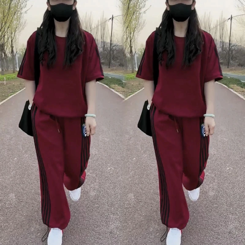 2025夏季新款宽松遮肉女装时尚百搭休闲圆领短袖+裤子运动套装女