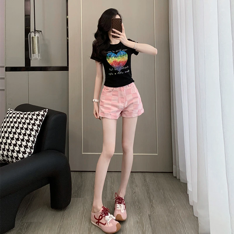 欧货时尚套装女夏韩版洋气减龄显瘦休闲T恤格子阔腿短裤两件套潮