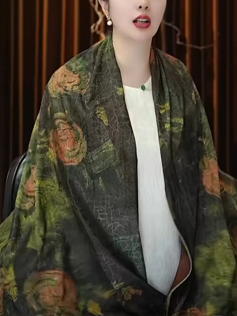 国风香云龟裂纹长款女士丝巾披肩手工卷边国风经典可做旗袍裙子