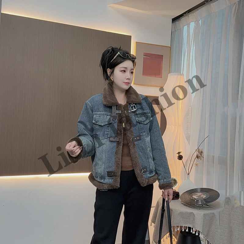 短款ins毛领拼接纯色保暖直下摆短外套女长袖牛仔衣