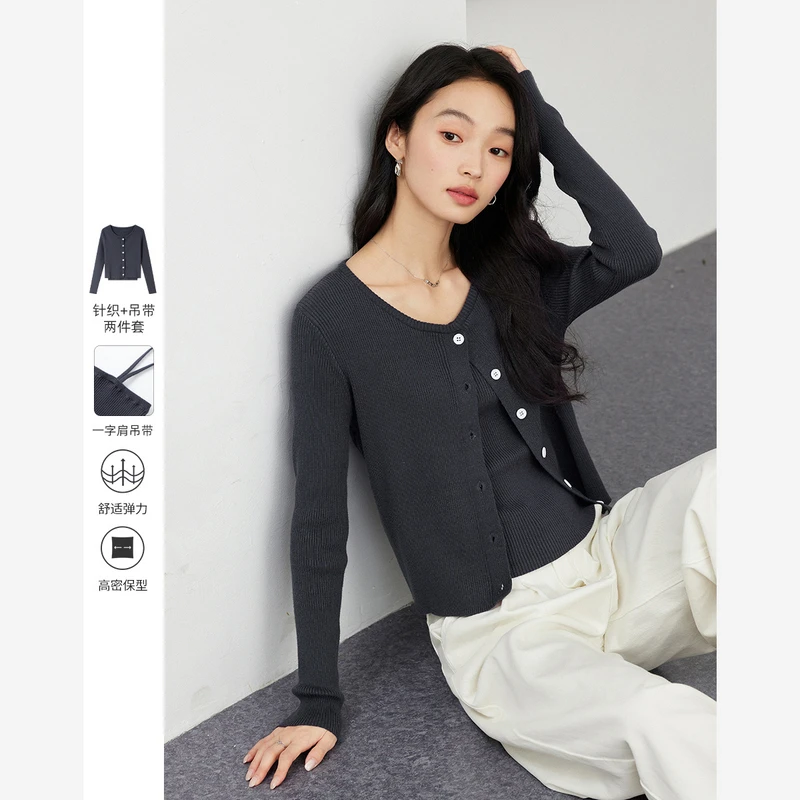 *吊带针织衫两件套女时尚修身显瘦长袖上衣73317/73858