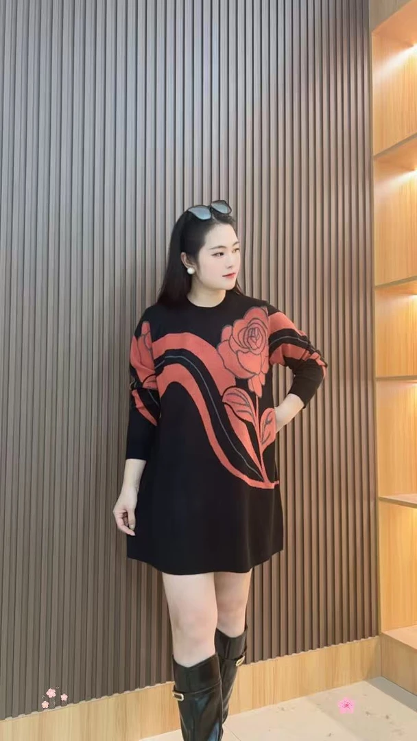 501秋冬长袖中长裙中长款民族风中老年女装休闲风常规圆领时尚风