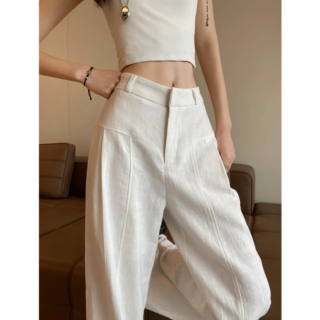 白色苎麻阔腿裤女春夏季薄款高腰垂感老钱风西装直筒棉麻休闲裤子