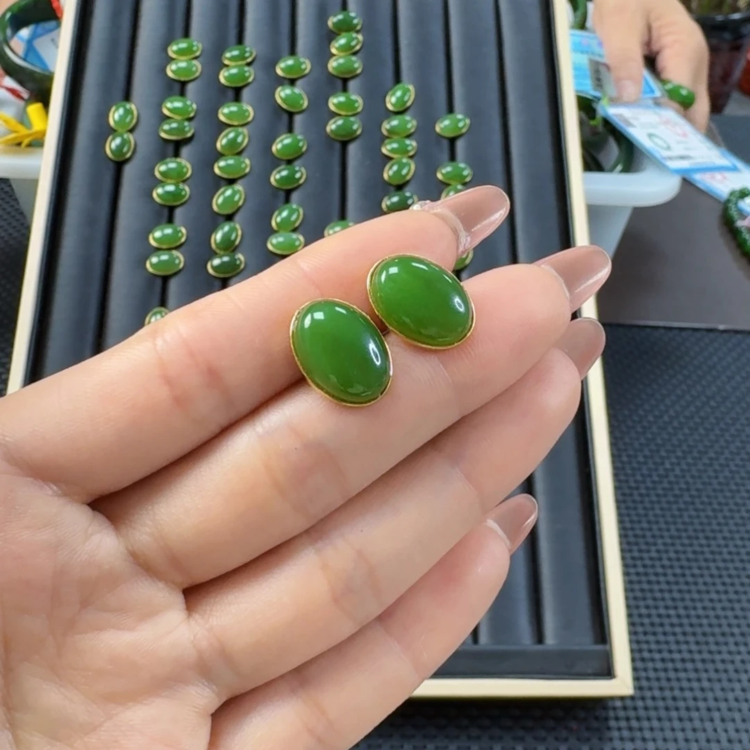 和田玉（碧玉）银S925镶嵌耳饰