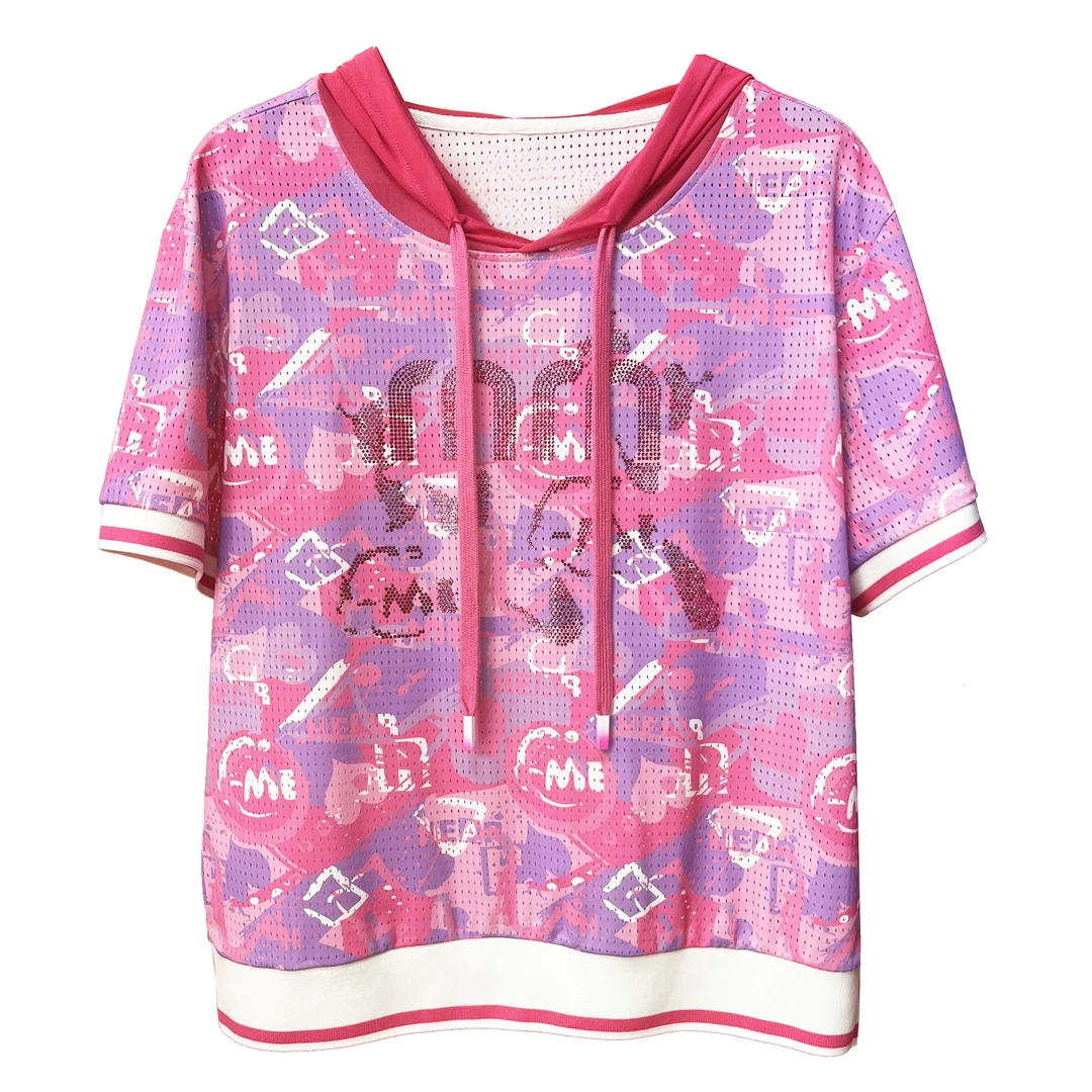 【洋红笑脸--连帽T恤 】原创潮牌女夏季轻奢透气减龄宽松款轻薄烫钻