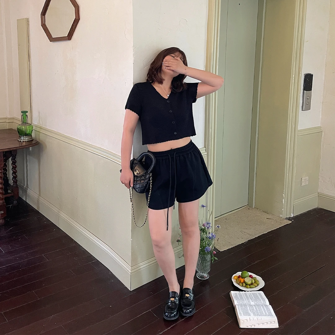 晶咕白标~短款波浪边V领纯色冰麻针织开衫女夏季短袖上衣显瘦休闲