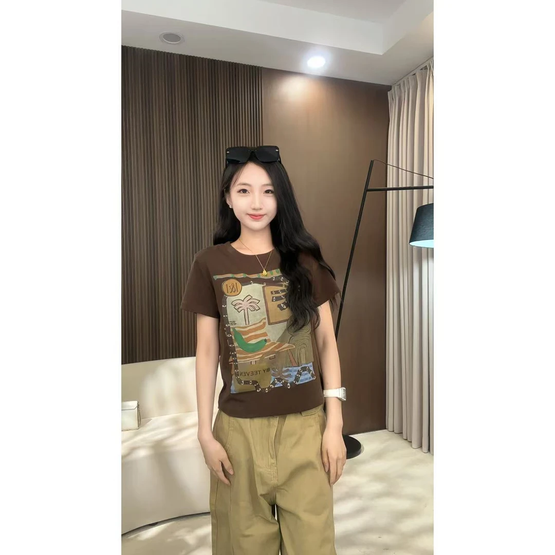 【小宇】-‘’夏日海滩‘’个性百搭短袖设计感休闲软糯T恤上衣女292