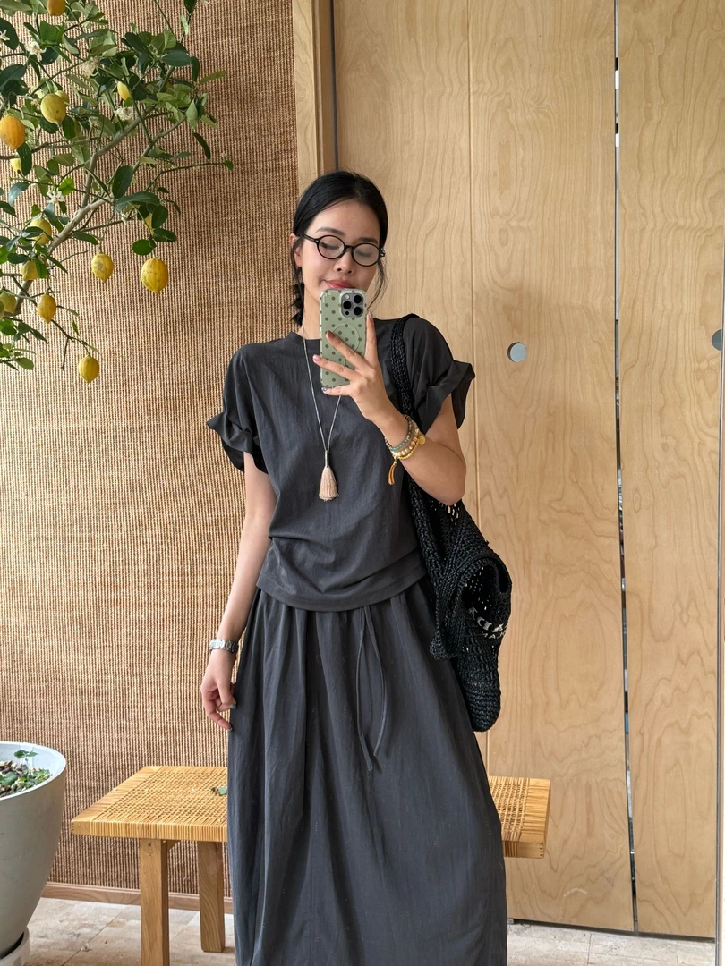 耶耶 YEYE |"像素"慵懒风短袖T恤宽松高腰裙套装5160