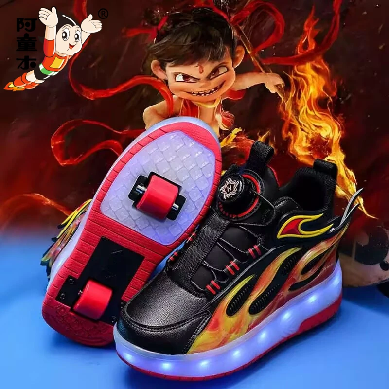 阿童木哪吒儿童暴走鞋男童夏款双轮可收运动轮滑鞋男孩闪灯溜冰鞋