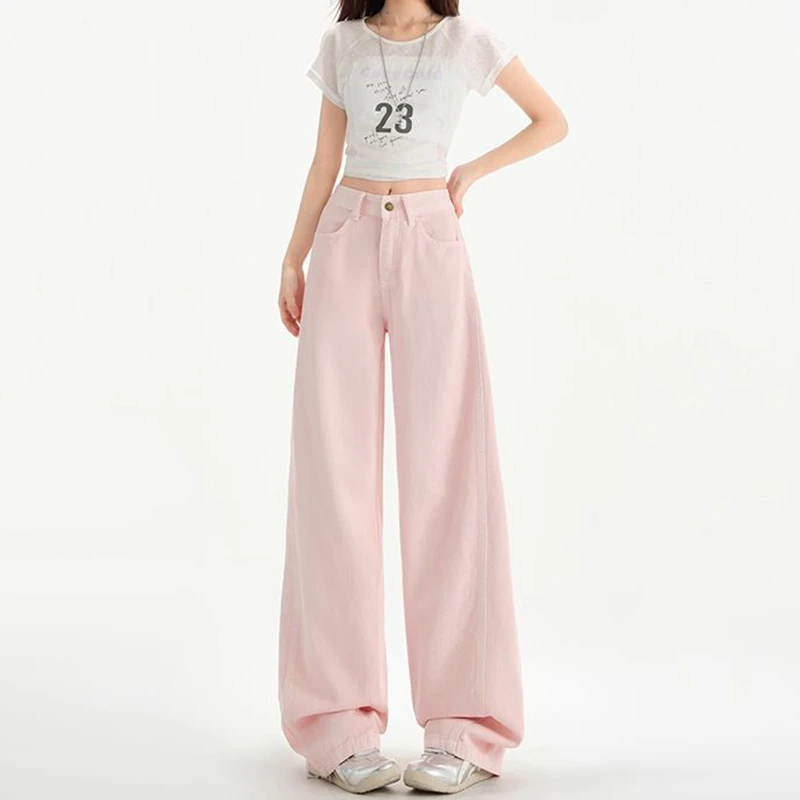 拉夏贝尔粉色多巴胺直筒牛仔裤女秋季减龄高腰宽松显瘦拖地阔腿裤