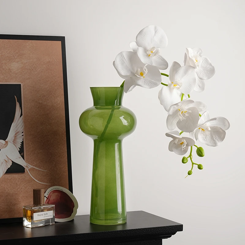 贝汉美法式中古雪柳玻璃花瓶小轻奢高级感客厅摆件绿色水培鲜花插
