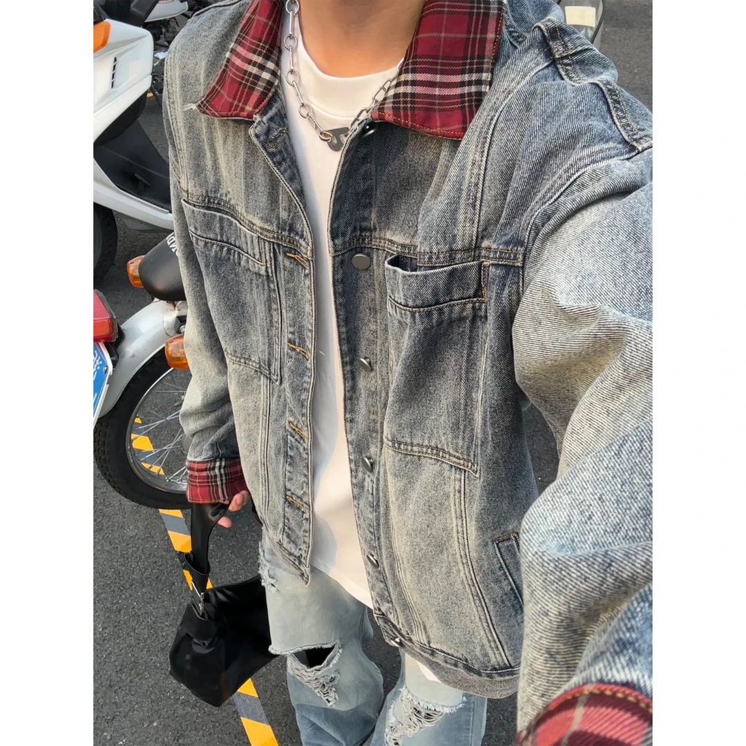 拼接格纹短款牛仔夹克男秋季cleanfit翻领设计感美式复古水洗外套